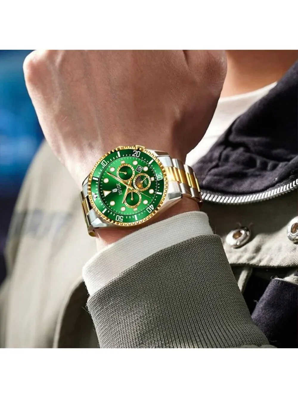 Men's Green Two-Tone Gold Steel Mechanical Waterproof Luminous Wrist Watch